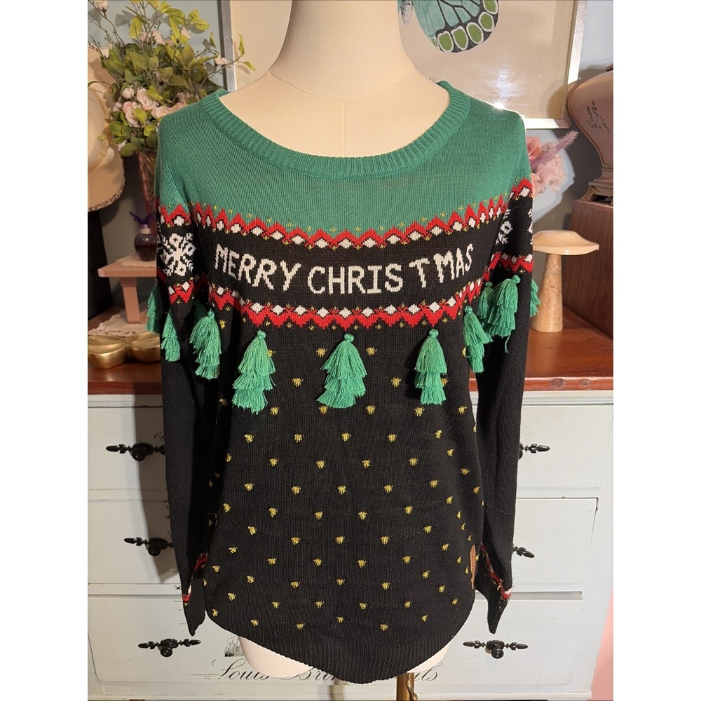 Tipsy Elves Green & Black Merry Christmas Tassel Crewneck Sweater Sz Medium